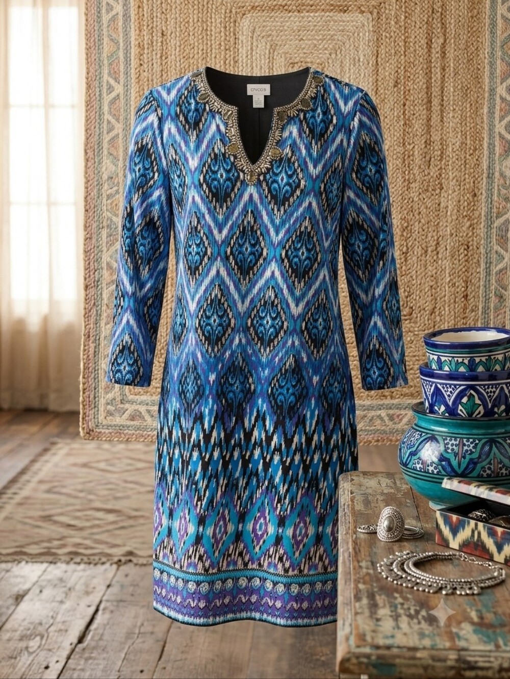 Chico's Blue Patterned Embellished-Neck Women’s Dress